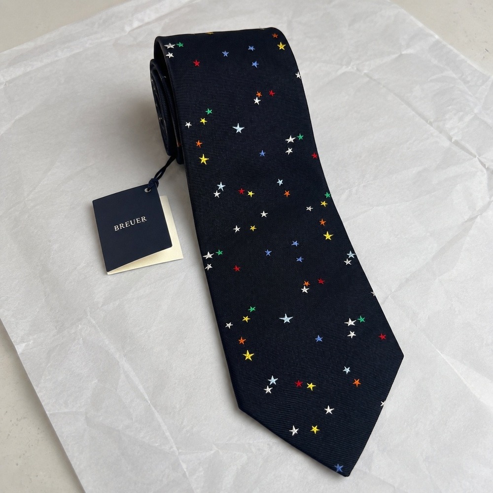 Breuer Silk Tie Navy Multicolor Stars Handmade Italy NWT Celestial Designer